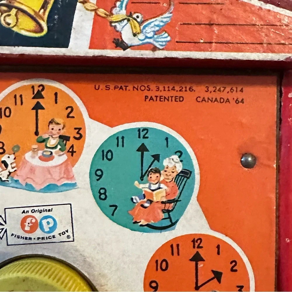 Vintage 1960s Fisher-Price Children’s Toy Red Yellow Music Box Teaching Clock